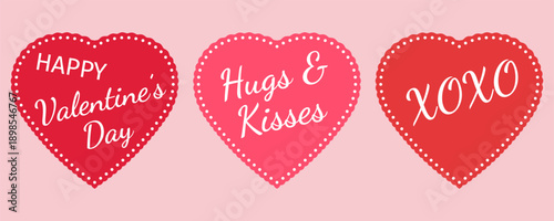 Valentine's Day heart tags set. Romantic greeting icons with love quotes for holiday greeting cards, social media promotional posts, and wedding stationery