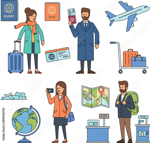 International travel tourism icon set with diverse travelers pilot luggage passport and world map for vacation design vector.