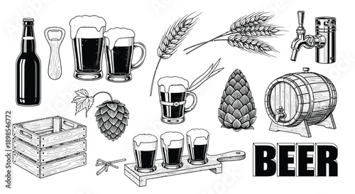 Assorted Beer Glasses and Brewing Ingredients Illustration.