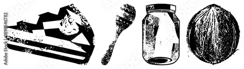 Vintage style halftone graphic featuring dessert slice, wooden spoon, glass jar, and coconut, vector art, isolated food items, textured.