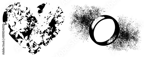 Broken heart symbol with fragmented, wedding ring with spray paint texture, black and white vector art, emotional, graphic design element.