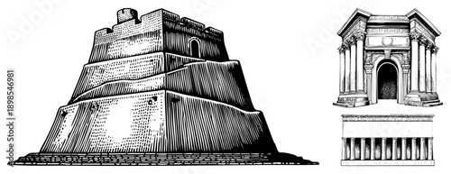 Mesopotamian stepped structure and Greek temple facade, stone ruins, historical architecture, engraved art, ancient civilizations, sacred buildings.