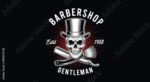 Barbershop Gentleman Skull with Top Hat and Razors.