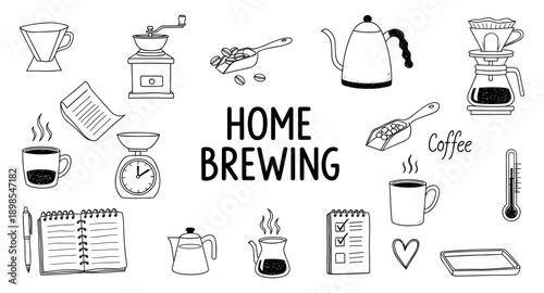 Hand-drawn illustration of home coffee brewing equipment and process elements