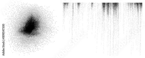 Black halftone dots forming radial gradient, geometric density variation, vector art, isolated graphic, visual texture, design element.