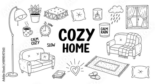 Cozy home elements collection with a floor lamp, sofa, armchair, and decorative items