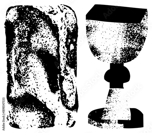 Weathered stone inscription artifact and sacred cup, religious, halftone print style, black and white vector graphic, ceremonial object, historical relic.