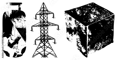 Distressed black and white vector of industrial items propane tank, electricity pylon, concrete block with gritty texture, isolated on transparent background.