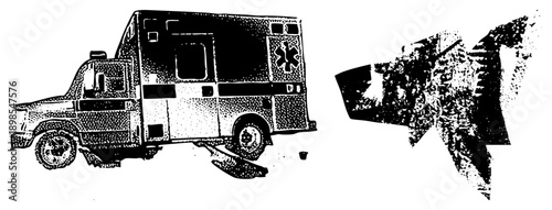 Emergency ambulance rendered in halftone dot, paired with a fragmented megaphone, both in vector art, medical response equipment, emergency communication tool.