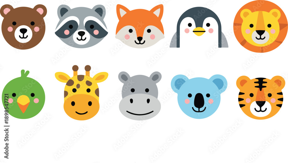 Obraz premium Cute Animal Face Outline Icon Set Bear, Fox, Penguin, Lion, and Tiger