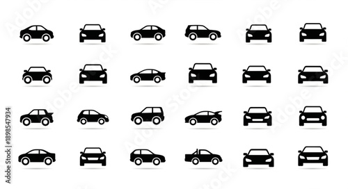 Collection of black car icons on a white background.
