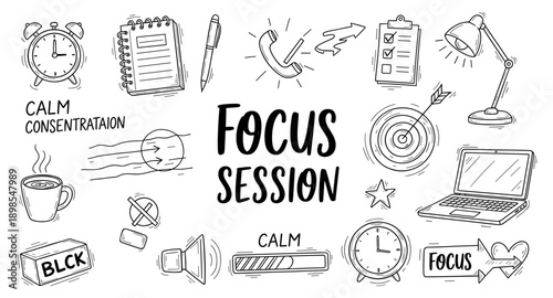 Doodle collection of icons representing focus, concentration, and productivity for work or study