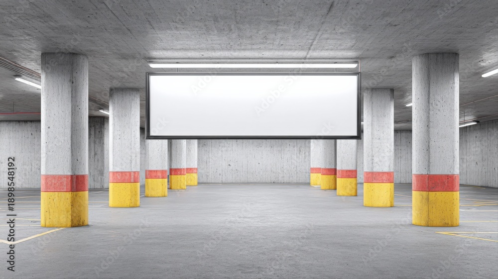 Fototapeta premium Blank Billboard Mockup in Underground Parking Garage, Advertising Space for Urban Commercial Use