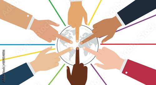 Global Collaboration and Diversity Concept: Hands of different ethnicities pointing at the world map, symbolizing international teamwork, unity, and business partnership.