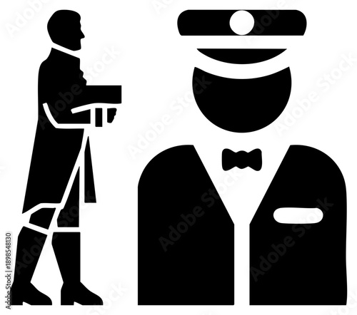Station attendant holding ticket, railway conductor, train staff, transit worker, passenger silhouette, transport, rail service symbol.