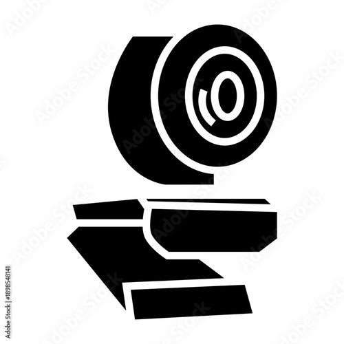 Solid black webcam icon, representing online meetings, video calls, live streaming, and digital communication technology.