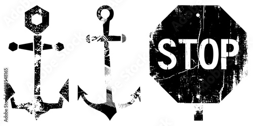 Grunge style anchor symbols and stop sign with distressed textures, maritime and traffic signage, vector graphics, urban decay aesthetic.