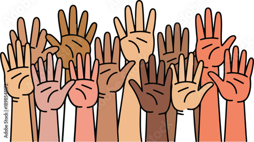 Diverse Raised Hands Outline Illustration Unity, Equality, and Inclusion