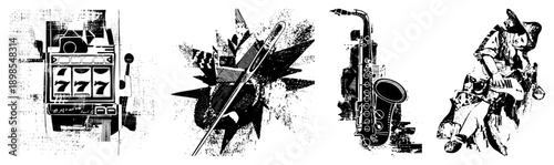 Retro slot machine with “777” symbols, saxophone with dynamic, guitarist in hat, violinist in motion, all in bold vector art with halftone texture.