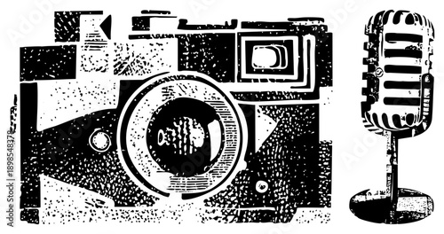 Classic film camera with textured lens and retro microphone, studio recording gear, analog tools, black and white halftone illustration.