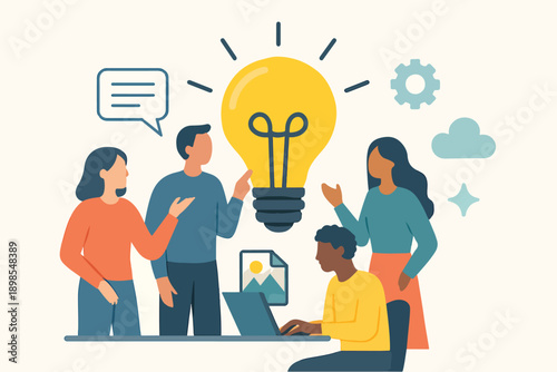 team brainstorming concept banner with diverse people collaborating around a giant idea light bulb