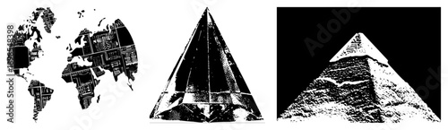 World map composed of newspaper clippings, geometric, ancient monument, black and white halftone style, graphic design elements.