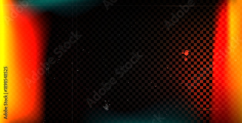 Old photo light leak overlay effect with gradient. Camera film red, orange filter with scratches. Abstract lens flare burn effect background. Cover with dust, spot noise. Burn vector backdrops border.