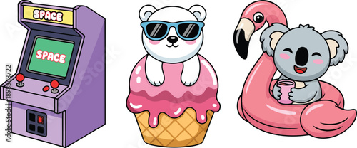Kawaii Arcade & Summer Animal Characters  Polar Bear, Koala, and Vintage Game