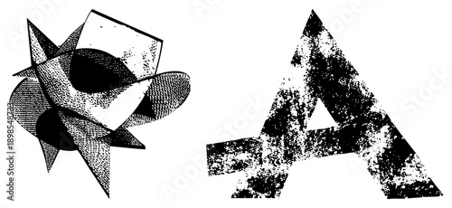 Stylized rose with intersecting planes and halftone shading, paired with distressed letter A, both in vector art, graphic design elements, typography, abstract composition.