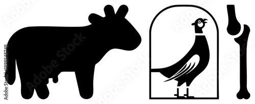 Egyptian hieroglyphic symbols including, bird in cartouche, and bone, ancient writing system, sacred glyphs, archaeological artifact.