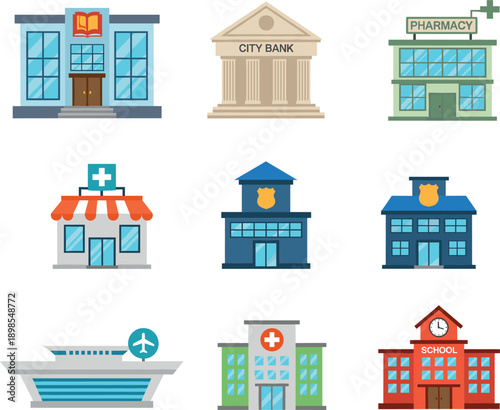 Public city infrastructure building icon set with bank hospital police station school and pharmacy for urban map design