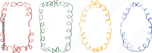 Doodle crayon whimsical frames. Coquette borders with bows set. Ribbon and lace squiggle naive pastel menu cadre. Vector wedding frame on white background. Christmas or festive oval and rectangle.