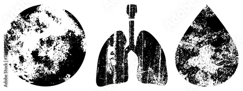 Stylized Earth globe, human lungs, and water droplet rendered in distressed black and white halftone, medical or environmental symbolism, abstract vector art.
