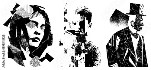 Stylized black and white portraits composed of geometric and halftone textures, fragmented art, graphic design, vector illustration, isolated figures, modern pop art, digital collage.