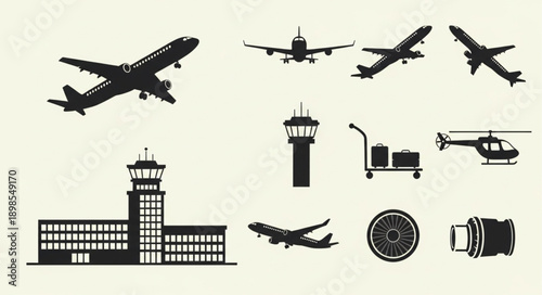 Collection of aviation and airport related icons and silhouettes.
