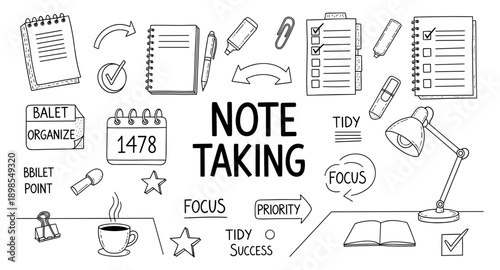 Hand-drawn doodle collage illustrating note-taking concepts and office supplies