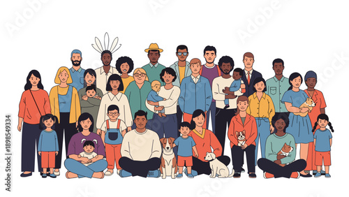 Large diverse group of people of various ages and ethnicities standing together with their pet dogs in a community portrait.