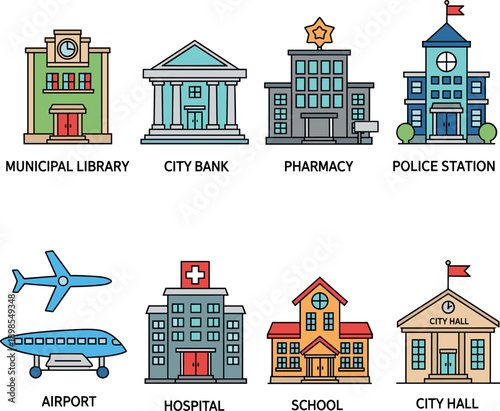 Public infrastructure building icon set with city bank hospital school and municipal library for urban map design vector.
