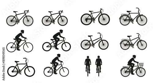 Collection of bicycle silhouettes and riders in various poses.