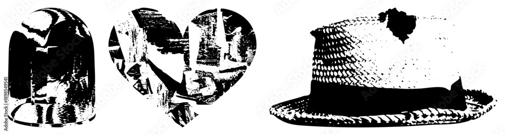 Naklejka premium Three stylized straw boater hat, heart shaped cityscape, dome container, rendered in halftone vector style,, graphic design elements.