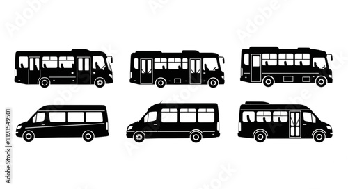 Collection of black bus and van silhouettes isolated on white background.