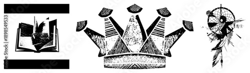 Open book with lighthouse illustration, stylized crown, dreamcatcher with feathers, halftone texture, vector art, isolated symbols, symbolic.