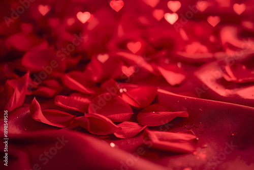 Abstract Valentine Background with Red Rose Petals and Heart Shaped Bokeh