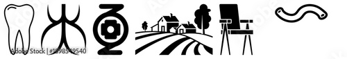 Vector including tooth, tree, farm, director’s chair, and worm, minimalist black style, isolated symbols for design use.
