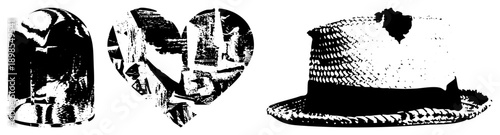 Three stylized straw boater hat, heart shaped cityscape, dome container, rendered in halftone vector style,, graphic design elements.