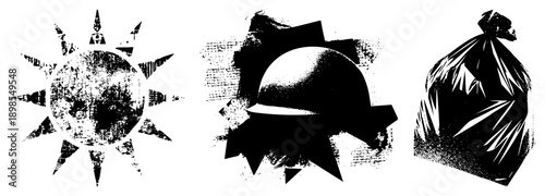 Stylized halftone sun with jagged rays, distressed helmet with starburst, crumpled trash bag vector with gritty texture, isolated elements, graphic design assets.
