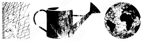 Distressed black watering can with splatter texture, grungy globe showing continents, abstract background, vector art, eco themed design.
