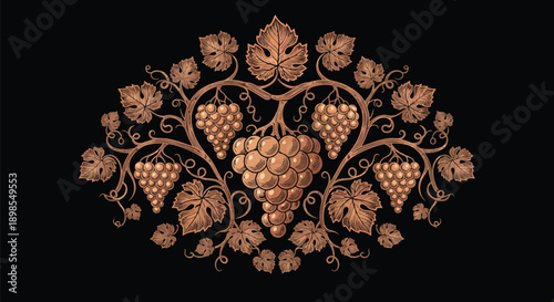Golden Grapevine Emblem with Leaves and Grapes.