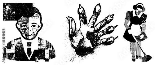 Retro styled halftone graphic trio businessman with textured face, clawed hand, maid sweeping. Art deco meets horror,, stylized characters.