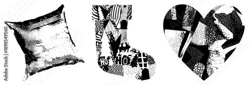 Black and white holiday decor featuring pillow, with “HO HO HO,” and heart, all rendered in halftone dot, ideal for graphic design or print.